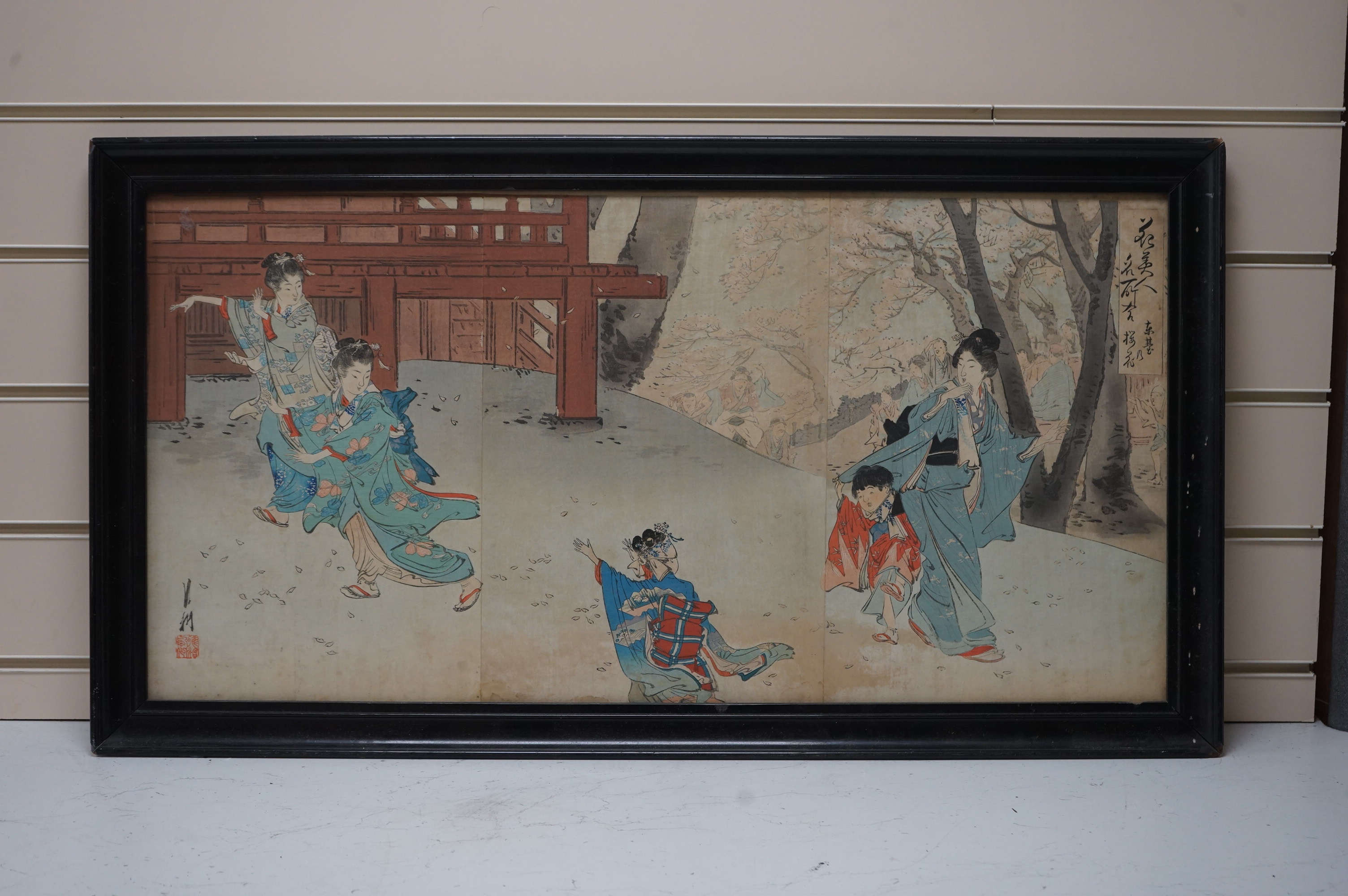 Japanese woodblock print, women wearing kimonos before a landscape, signed with character marks and red seal marks, 36 x 71cm. Condition - fair